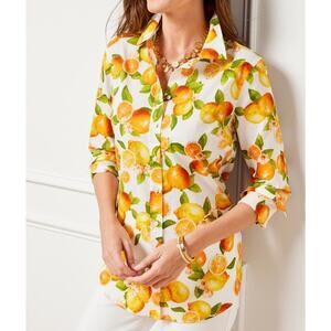 Talbots Button Up Blouse Shirt Lemon Orange Citrus Print Women's Size PL